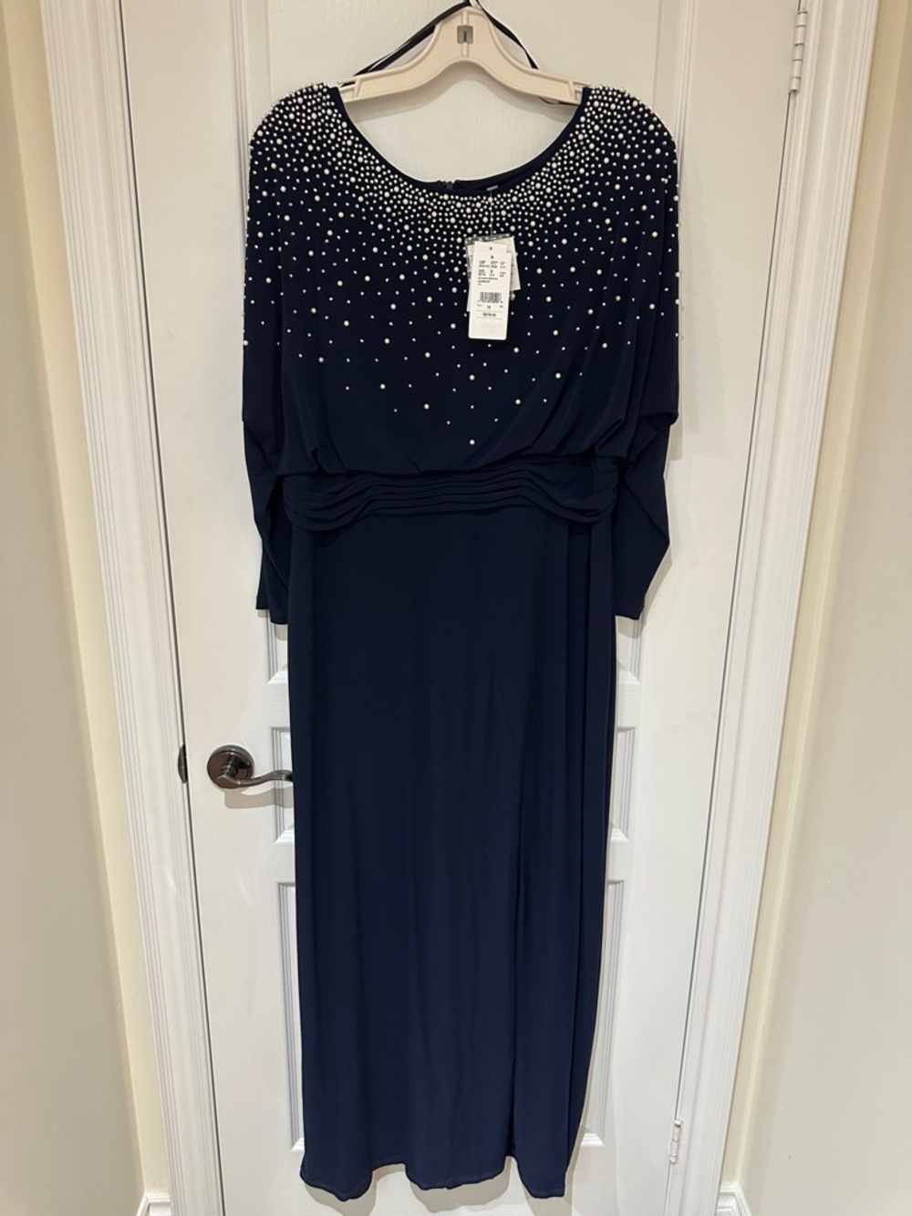 Beaded Navy Long Sleeve Evening Gown